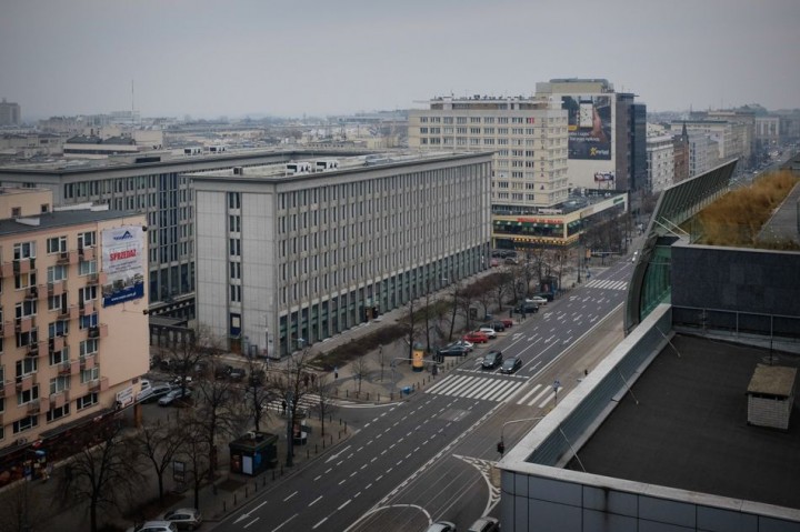 View at the Marszałkowska Street from the 12th floor. View towards square Plac Konstytucji