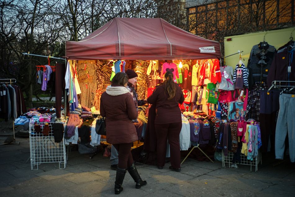 stand with colorful clothes near the LOT building at Wały Jagiellońskie street