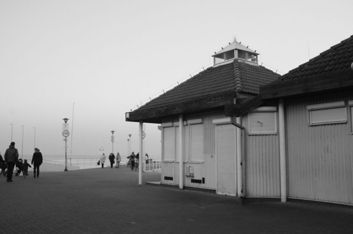 buildings at the begining of the Gdańsk Brzeźno pier. During the summer they're open and this place is bustling with life