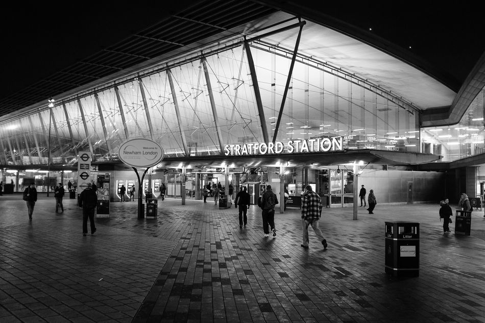 Stratford Station Buildling - wonderfully lit. Unfortunately I have only B&W version - colour version should also look great. 